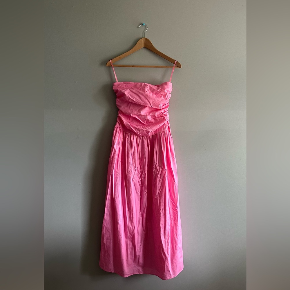 Strapless Pink Midi Dress with Ruched Bodice by